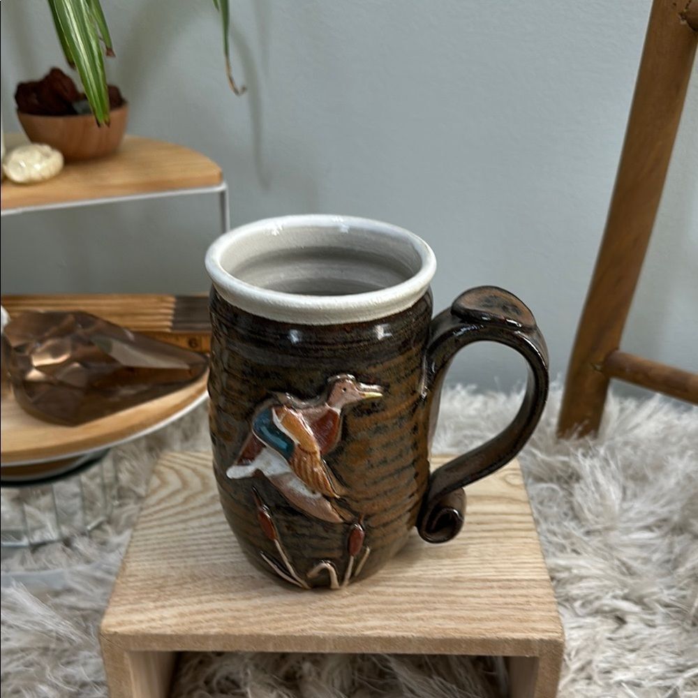 Handmade Mallard & Cattails Pottery Stoneware Coffee Tea Mug‎ Artist Stamped